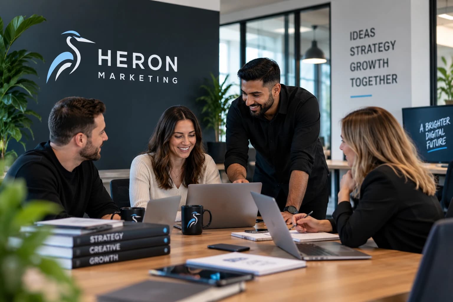 Heron Marketing team collaborating in a branded studio